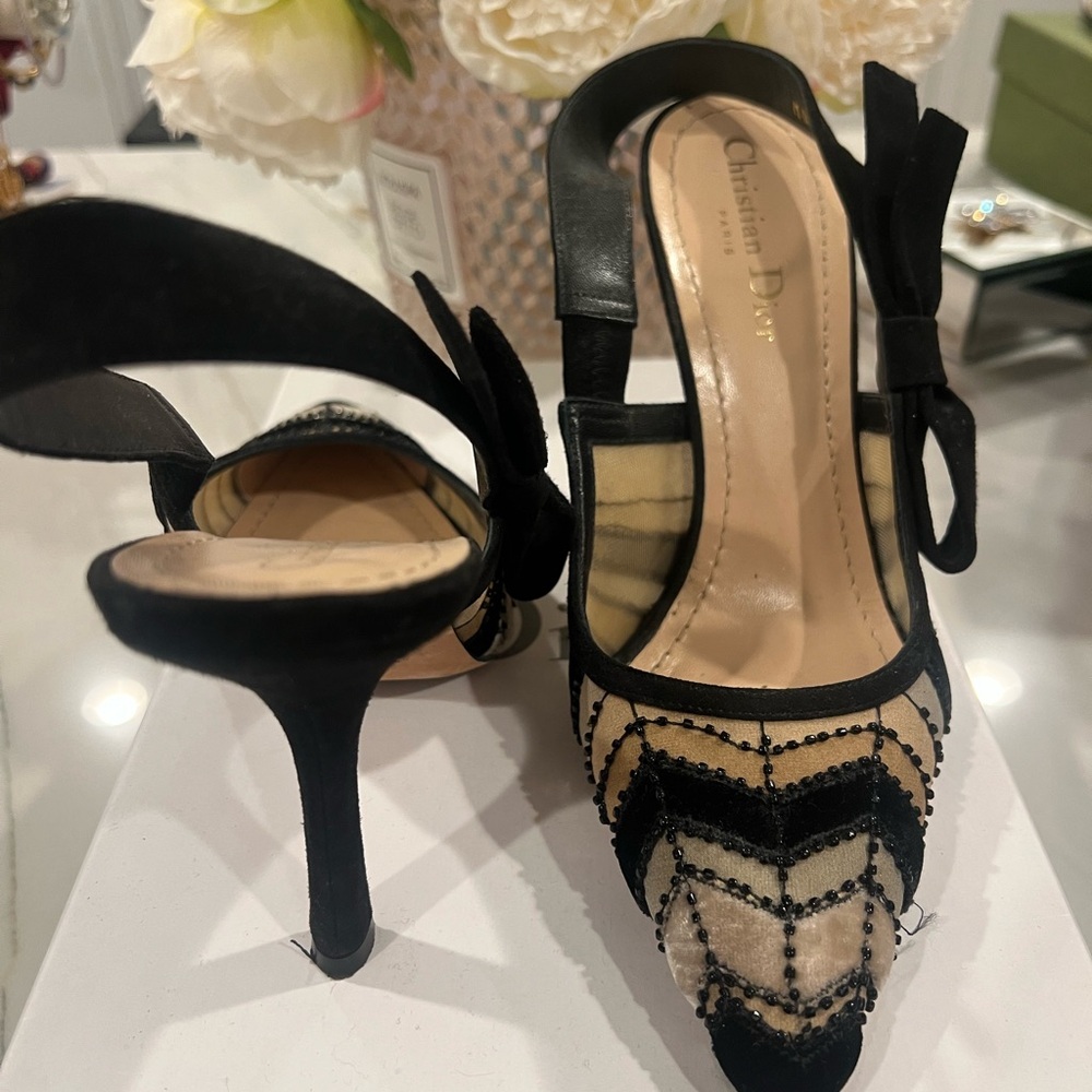 Dior Black and Cream Striped Heels - Picture 2 of 7